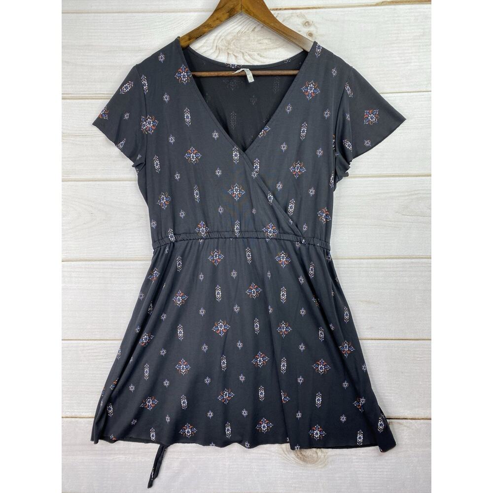 Mudd Dress Womens XL Black Boho Print Mini Raw Hems Faux Wrap Casual Soft Modal